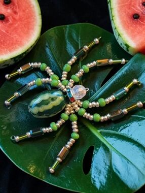 Green Watermelon Beaded Spider Brooch with Crystal Accent